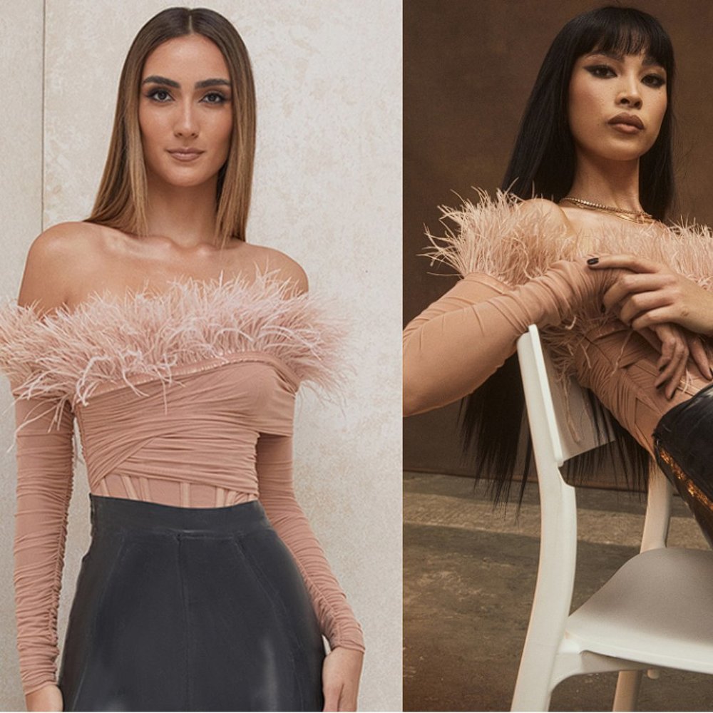 House of CB “Faith” Blush Off The Shoulder Feather Bodysuit NWOT